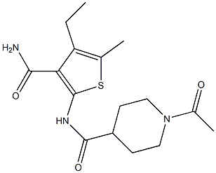 1-acetyl-N-(3-carbamoyl-4-ethyl-5-methylthiophen-2-yl)piperidine-4-carboxamide Struktur