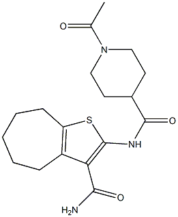 1-acetyl-N-(3-carbamoyl-5,6,7,8-tetrahydro-4H-cyclohepta[b]thiophen-2-yl)piperidine-4-carboxamide Struktur