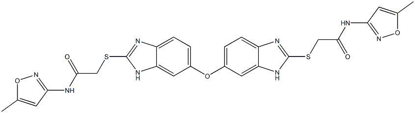 N-(5-methyl-1,2-oxazol-3-yl)-2-[[6-[[2-[2-[(5-methyl-1,2-oxazol-3-yl)amino]-2-oxoethyl]sulfanyl-3H-benzimidazol-5-yl]oxy]-1H-benzimidazol-2-yl]sulfanyl]acetamide Struktur