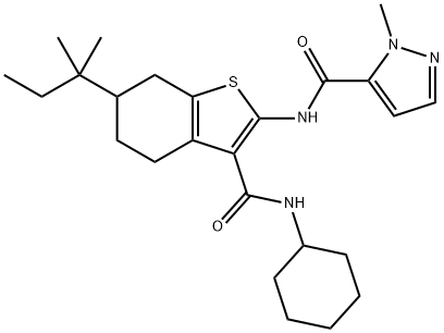 N-[3-(cyclohexylcarbamoyl)-6-(2-methylbutan-2-yl)-4,5,6,7-tetrahydro-1-benzothiophen-2-yl]-2-methylpyrazole-3-carboxamide Struktur