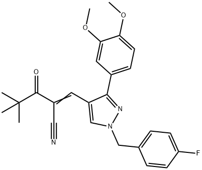 (2E)-2-[[3-(3,4-dimethoxyphenyl)-1-[(4-fluorophenyl)methyl]pyrazol-4-yl]methylidene]-4,4-dimethyl-3-oxopentanenitrile Struktur