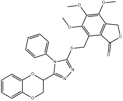 7-[[5-(2,3-dihydro-1,4-benzodioxin-3-yl)-4-phenyl-1,2,4-triazol-3-yl]sulfanylmethyl]-4,5,6-trimethoxy-3H-2-benzofuran-1-one Struktur