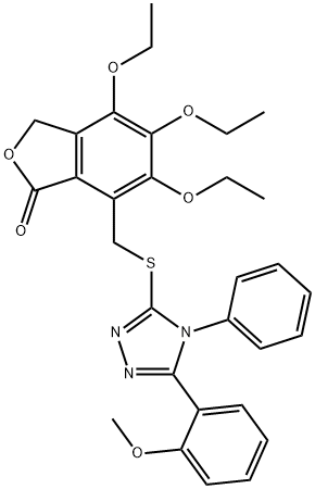 4,5,6-triethoxy-7-[[5-(2-methoxyphenyl)-4-phenyl-1,2,4-triazol-3-yl]sulfanylmethyl]-3H-2-benzofuran-1-one Struktur