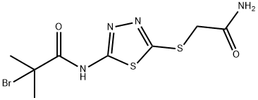 N-[5-(2-amino-2-oxoethyl)sulfanyl-1,3,4-thiadiazol-2-yl]-2-bromo-2-methylpropanamide Struktur