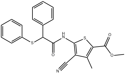 methyl 4-cyano-3-methyl-5-[(2-phenyl-2-phenylsulfanylacetyl)amino]thiophene-2-carboxylate Struktur