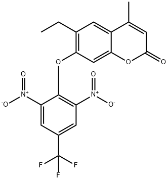 7-[2,6-dinitro-4-(trifluoromethyl)phenoxy]-6-ethyl-4-methylchromen-2-one Struktur