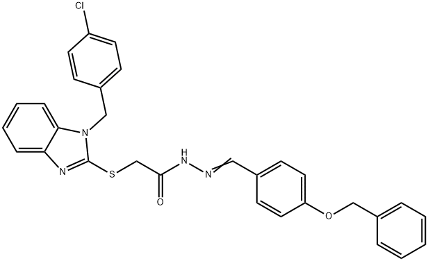 2-[1-[(4-chlorophenyl)methyl]benzimidazol-2-yl]sulfanyl-N-[(E)-(4-phenylmethoxyphenyl)methylideneamino]acetamide Struktur