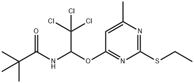 2,2-dimethyl-N-[2,2,2-trichloro-1-(2-ethylsulfanyl-6-methylpyrimidin-4-yl)oxyethyl]propanamide Struktur