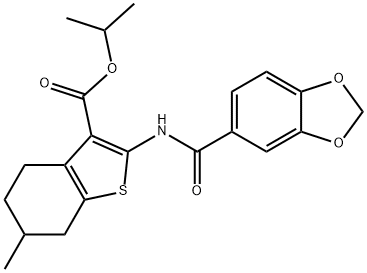 propan-2-yl 2-(1,3-benzodioxole-5-carbonylamino)-6-methyl-4,5,6,7-tetrahydro-1-benzothiophene-3-carboxylate Struktur