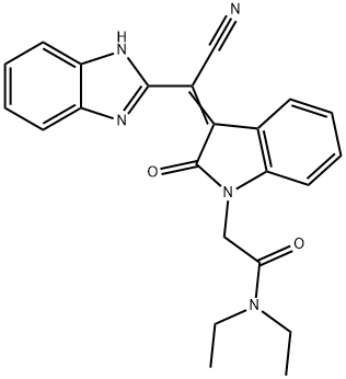 2-[(3Z)-3-[1H-benzimidazol-2-yl(cyano)methylidene]-2-oxoindol-1-yl]-N,N-diethylacetamide Struktur