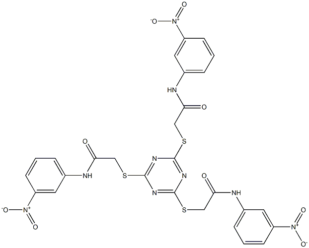 2-[[4,6-bis[[2-(3-nitroanilino)-2-oxoethyl]sulfanyl]-1,3,5-triazin-2-yl]sulfanyl]-N-(3-nitrophenyl)acetamide Struktur