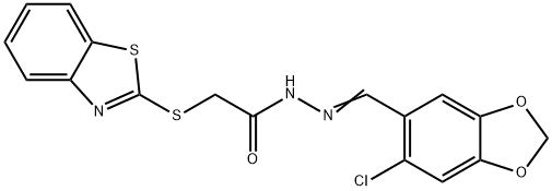 2-(1,3-benzothiazol-2-ylsulfanyl)-N-[(E)-(6-chloro-1,3-benzodioxol-5-yl)methylideneamino]acetamide Struktur