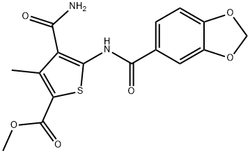 methyl 5-(1,3-benzodioxole-5-carbonylamino)-4-carbamoyl-3-methylthiophene-2-carboxylate Struktur