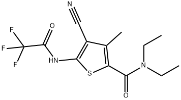 4-cyano-N,N-diethyl-3-methyl-5-[(2,2,2-trifluoroacetyl)amino]thiophene-2-carboxamide Struktur