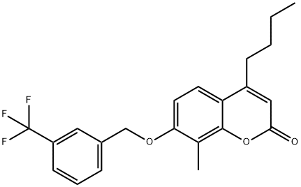 4-butyl-8-methyl-7-[[3-(trifluoromethyl)phenyl]methoxy]chromen-2-one Struktur