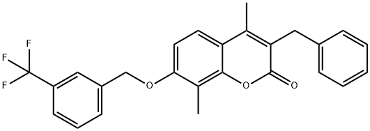 3-benzyl-4,8-dimethyl-7-[[3-(trifluoromethyl)phenyl]methoxy]chromen-2-one Struktur