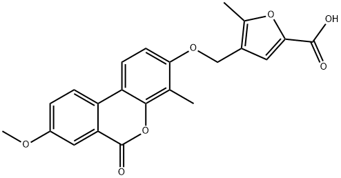 4-[(8-methoxy-4-methyl-6-oxobenzo[c]chromen-3-yl)oxymethyl]-5-methylfuran-2-carboxylic acid Struktur