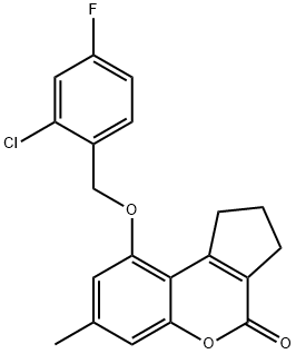 9-[(2-chloro-4-fluorophenyl)methoxy]-7-methyl-2,3-dihydro-1H-cyclopenta[c]chromen-4-one Struktur