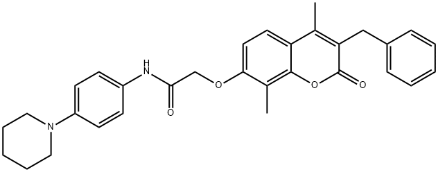 2-(3-benzyl-4,8-dimethyl-2-oxochromen-7-yl)oxy-N-(4-piperidin-1-ylphenyl)acetamide Struktur