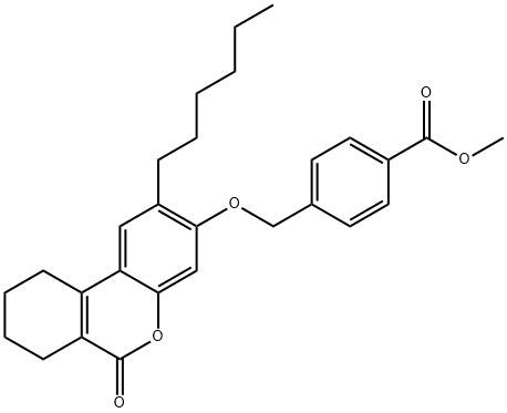 methyl 4-[(2-hexyl-6-oxo-7,8,9,10-tetrahydrobenzo[c]chromen-3-yl)oxymethyl]benzoate Struktur