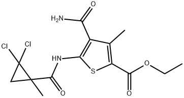 ethyl 4-carbamoyl-5-[(2,2-dichloro-1-methylcyclopropanecarbonyl)amino]-3-methylthiophene-2-carboxylate Struktur