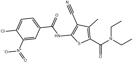 5-[(4-chloro-3-nitrobenzoyl)amino]-4-cyano-N,N-diethyl-3-methylthiophene-2-carboxamide Struktur