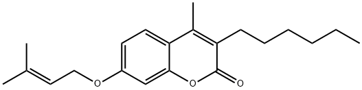 3-hexyl-4-methyl-7-(3-methylbut-2-enoxy)chromen-2-one Struktur