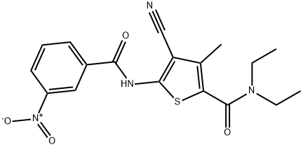 4-cyano-N,N-diethyl-3-methyl-5-[(3-nitrobenzoyl)amino]thiophene-2-carboxamide Struktur