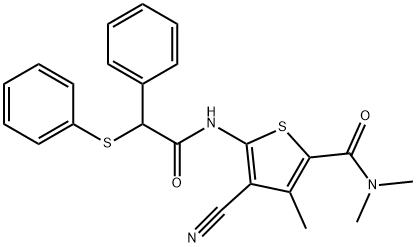 4-cyano-N,N,3-trimethyl-5-[(2-phenyl-2-phenylsulfanylacetyl)amino]thiophene-2-carboxamide Struktur