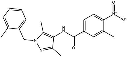 N-[3,5-dimethyl-1-[(2-methylphenyl)methyl]pyrazol-4-yl]-3-methyl-4-nitrobenzamide Struktur