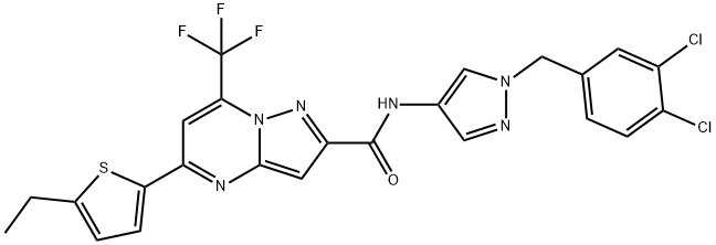 N-[1-[(3,4-dichlorophenyl)methyl]pyrazol-4-yl]-5-(5-ethylthiophen-2-yl)-7-(trifluoromethyl)pyrazolo[1,5-a]pyrimidine-2-carboxamide Struktur