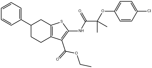 ethyl 2-[[2-(4-chlorophenoxy)-2-methylpropanoyl]amino]-6-phenyl-4,5,6,7-tetrahydro-1-benzothiophene-3-carboxylate Struktur