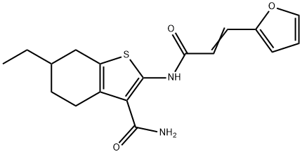 6-ethyl-2-[[(E)-3-(furan-2-yl)prop-2-enoyl]amino]-4,5,6,7-tetrahydro-1-benzothiophene-3-carboxamide Struktur