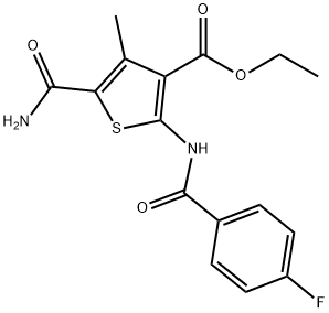 ethyl 5-carbamoyl-2-[(4-fluorobenzoyl)amino]-4-methylthiophene-3-carboxylate Struktur