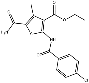 ethyl 5-carbamoyl-2-[(4-chlorobenzoyl)amino]-4-methylthiophene-3-carboxylate Struktur