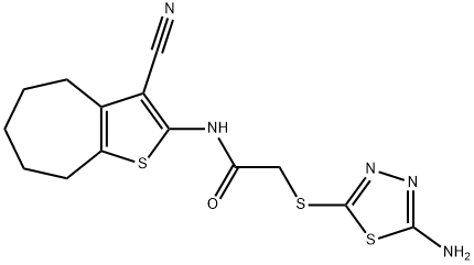 2-[(5-amino-1,3,4-thiadiazol-2-yl)sulfanyl]-N-(3-cyano-5,6,7,8-tetrahydro-4H-cyclohepta[b]thiophen-2-yl)acetamide Struktur