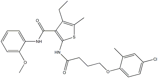 2-[4-(4-chloro-2-methylphenoxy)butanoylamino]-4-ethyl-N-(2-methoxyphenyl)-5-methylthiophene-3-carboxamide Struktur