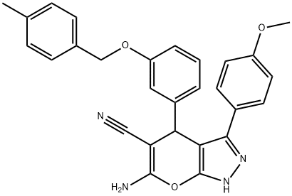 6-amino-3-(4-methoxyphenyl)-4-[3-[(4-methylphenyl)methoxy]phenyl]-2,4-dihydropyrano[2,3-c]pyrazole-5-carbonitrile Struktur