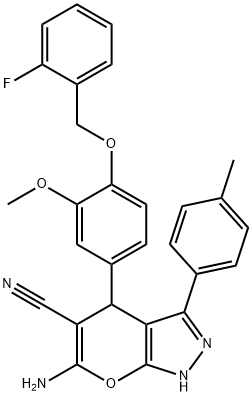 6-amino-4-[4-[(2-fluorophenyl)methoxy]-3-methoxyphenyl]-3-(4-methylphenyl)-2,4-dihydropyrano[2,3-c]pyrazole-5-carbonitrile Structure