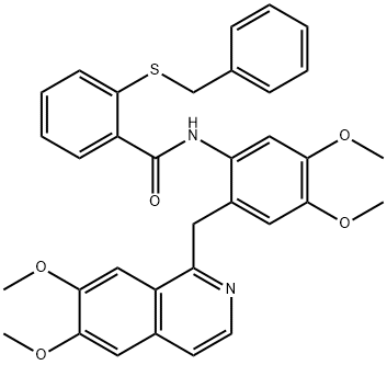 2-benzylsulfanyl-N-[2-[(6,7-dimethoxyisoquinolin-1-yl)methyl]-4,5-dimethoxyphenyl]benzamide Struktur