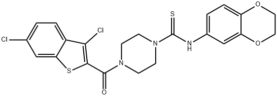 4-(3,6-dichloro-1-benzothiophene-2-carbonyl)-N-(2,3-dihydro-1,4-benzodioxin-6-yl)piperazine-1-carbothioamide Struktur