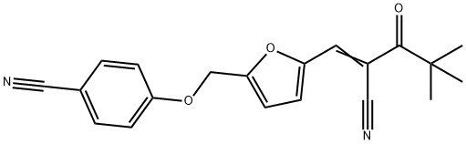 4-[[5-[(E)-2-cyano-4,4-dimethyl-3-oxopent-1-enyl]furan-2-yl]methoxy]benzonitrile Struktur