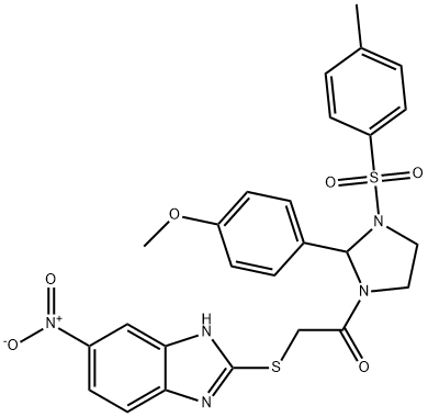 1-[2-(4-methoxyphenyl)-3-(4-methylphenyl)sulfonylimidazolidin-1-yl]-2-[(6-nitro-1H-benzimidazol-2-yl)sulfanyl]ethanone Struktur