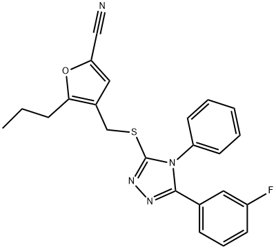 4-[[5-(3-fluorophenyl)-4-phenyl-1,2,4-triazol-3-yl]sulfanylmethyl]-5-propylfuran-2-carbonitrile Struktur