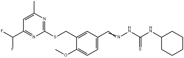 1-cyclohexyl-3-[(E)-[3-[[4-(difluoromethyl)-6-methylpyrimidin-2-yl]sulfanylmethyl]-4-methoxyphenyl]methylideneamino]thiourea Struktur