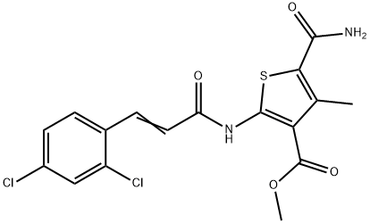 methyl 5-carbamoyl-2-[[(E)-3-(2,4-dichlorophenyl)prop-2-enoyl]amino]-4-methylthiophene-3-carboxylate Struktur