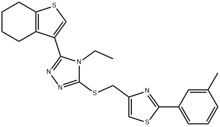 4-[[4-ethyl-5-(4,5,6,7-tetrahydro-1-benzothiophen-3-yl)-1,2,4-triazol-3-yl]sulfanylmethyl]-2-(3-methylphenyl)-1,3-thiazole Struktur