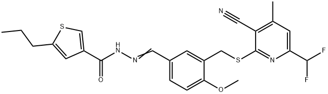 N-[(E)-[3-[[3-cyano-6-(difluoromethyl)-4-methylpyridin-2-yl]sulfanylmethyl]-4-methoxyphenyl]methylideneamino]-5-propylthiophene-3-carboxamide Struktur