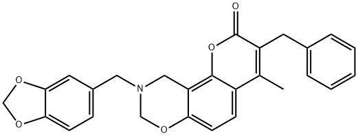 9-(1,3-benzodioxol-5-ylmethyl)-3-benzyl-4-methyl-8,10-dihydropyrano[2,3-f][1,3]benzoxazin-2-one Struktur