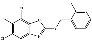 5,7-dichloro-2-[(2-fluorophenyl)methylsulfanyl]-6-methyl-1,3-benzoxazole Struktur